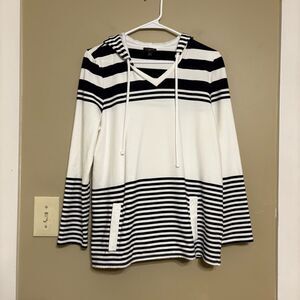 Talbots Navy Blue White Nautical Stripe Hoodie Sweatshirt Petite Large